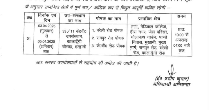 हल्द्वानी :(बड़ी खबर) 3 अप्रैल से 5 अप्रैल तक सुबह 10 से 4 बिजली रहेगी गुल