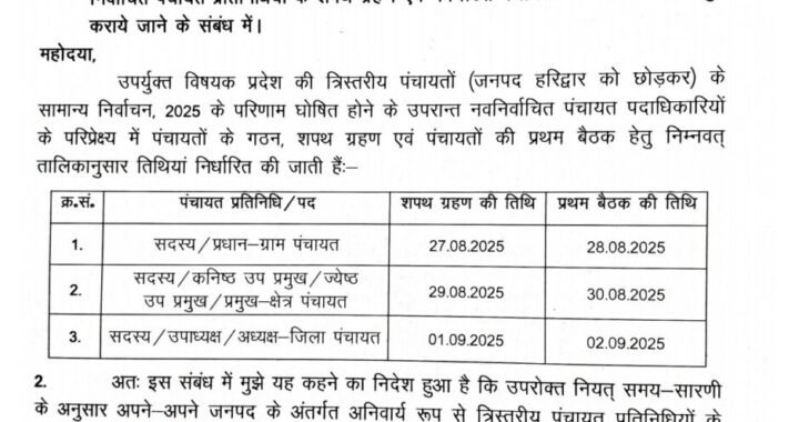 देहरादून :(बड़ी खबर) इस दिन शपथ लेंगे, ग्राम प्रधान, ब्लॉक प्रमुख और जिला पचायत अध्यक्ष
