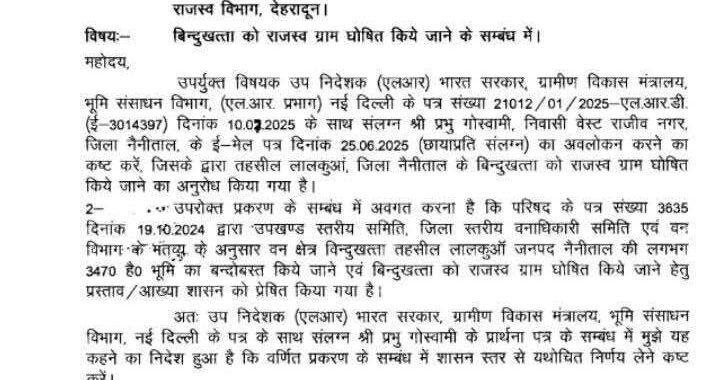देहरादून :(बड़ी खबर) बिंदुखत्ता राजस्व गांव के मामले में बड़ी UPDATE