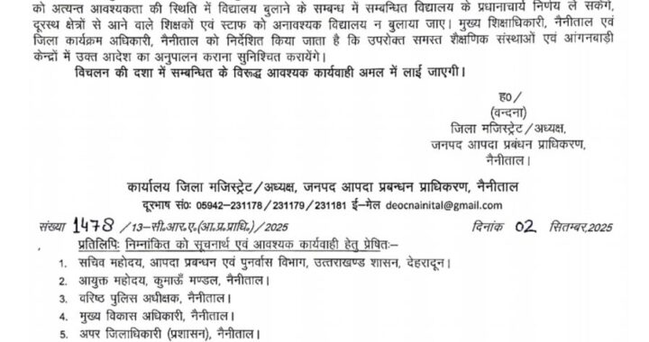 हल्द्वानी :(बड़ी खबर) नैनीताल सहित इन तीन जिलों में छुट्टी