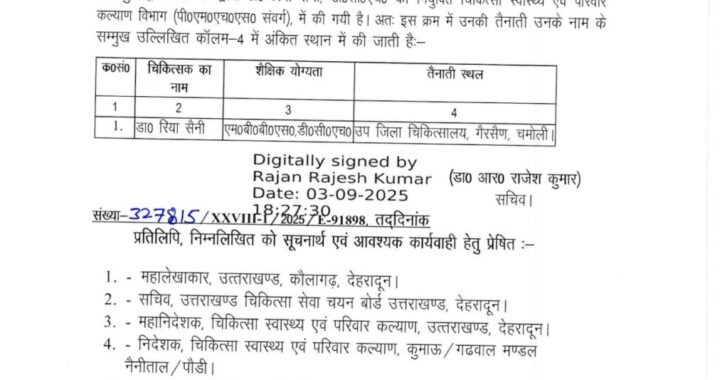 उत्तराखंड:(बड़ी खबर) गैरसैंण में आंदोलन के चलते डॉक्टरों की नियुक्ति के आदेश जारी