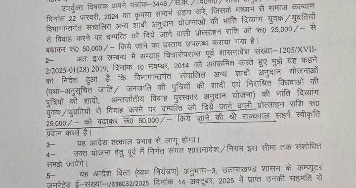 देहरादून:(बड़ी खबर) विवाह की प्रोत्साहन राशि दोगुना किए जाने के निर्देश जारी