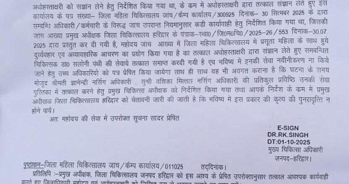 उत्तराखंड : यहां महिला अस्पताल में लापरवाही का मामला-महिला डॉक्टर की सेवा की गई समाप्त