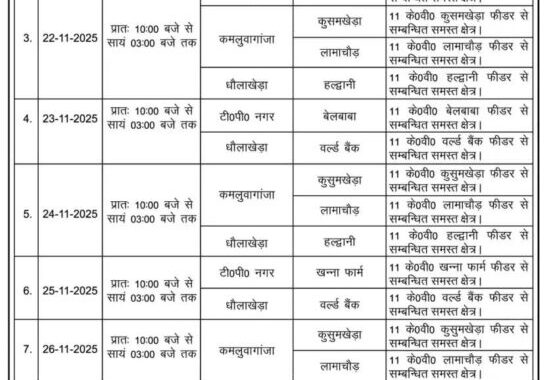हल्द्वानी : 1 दिसंबर तक इन इलाकों में बिजली रहेगी गुल, रोस्टर जारी