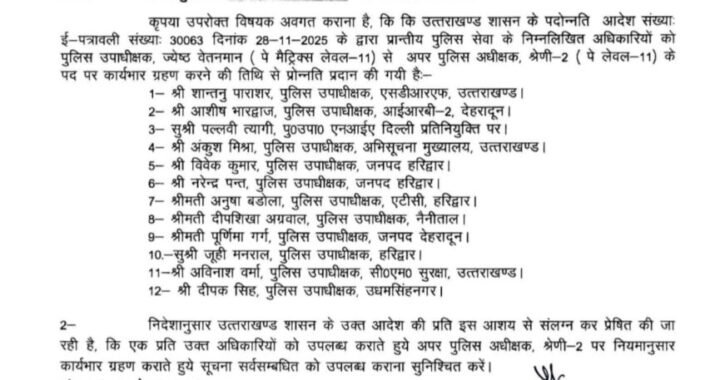 उत्तराखंड:  पुलिस में तैनात आधा दर्जन से अधिक पुलिस क्षेत्राधिकारियों को मिली बड़ी जिम्मेदारी