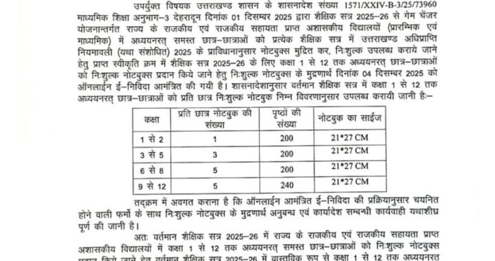 देहरादून:(बड़ी खबर) 12 वी तक के छात्रों को निःशुल्क मिलेगी कॉपी, आदेश जारी