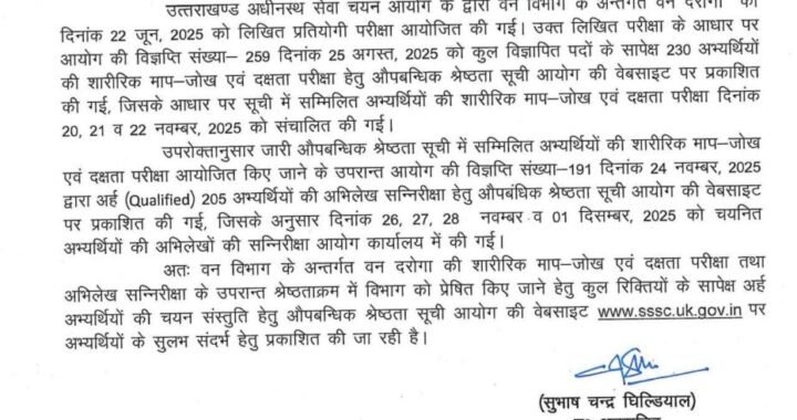 देहरादून:(बड़ी खबर) इस भर्ती परीक्षा का रिजल्ट जारी
