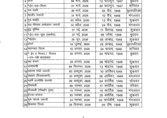 देहरादून:(बड़ी खबर) 2026 की हॉलिडे लिस्ट जारी, इतनी रहेंगी छुट्टियां