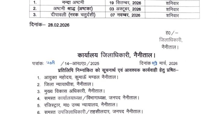 नैनीताल: जिले में तीन स्थानीय अवकाश घोषित