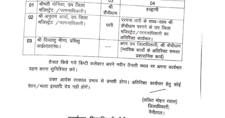 हल्द्वानी :(बड़ी खबर) जिलाधिकारी ललित मोहन रयाल ने किये 3 एसडीएम के ट्रांसफर