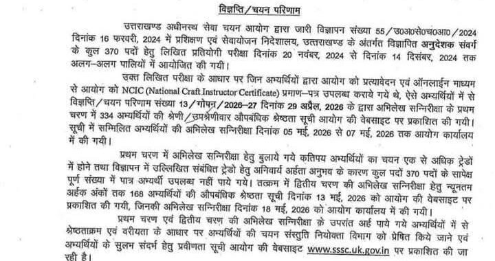 देहरादून :(बड़ी खबर) इस भर्ती परीक्षा का आया परिणाम