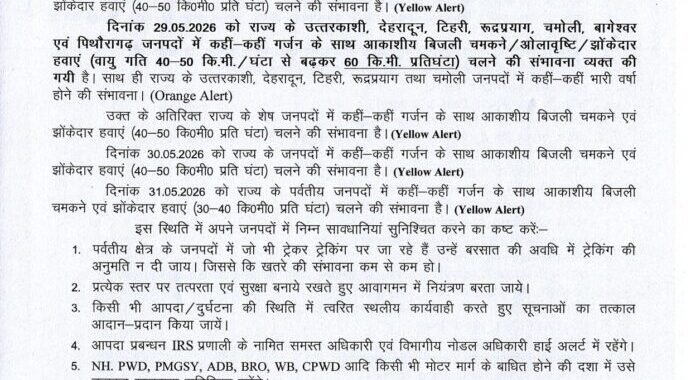 देहरादून :(बड़ी खबर) गर्मी से राहत के आसार, कल से बारिश का अलर्टकई जनपदों के लिए जारी किया गया आरेंज अलर्ट