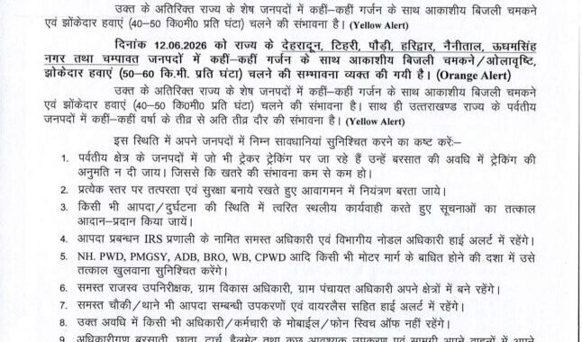 देहरादून :(बड़ी खबर) इन जिलों में भारी बारिश की चेतावनी