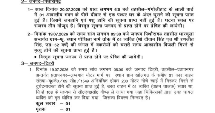 देहरादून :(बड़ी खबर) प्रदेश में भारी बारिश जारी, अलर्ट रहने के निर्देश