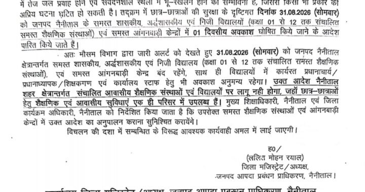 हल्द्वानी : भारी बारिश के चलते नैनीताल जिले में कल छुट्टी