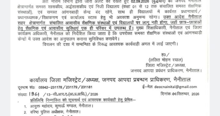उत्तराखंड: नैनीताल जिले में भारी बारिश के अलर्ट के चलते कल छुट्टी घोषित