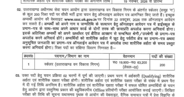 उत्तराखण्ड वन विकास निगम में 200 स्केलर पदों पर भर्ती